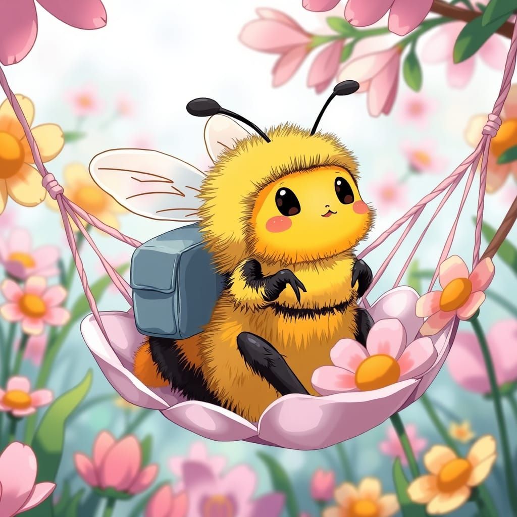 Bumblebee in Flower Hammock: Whimsical Anime Style