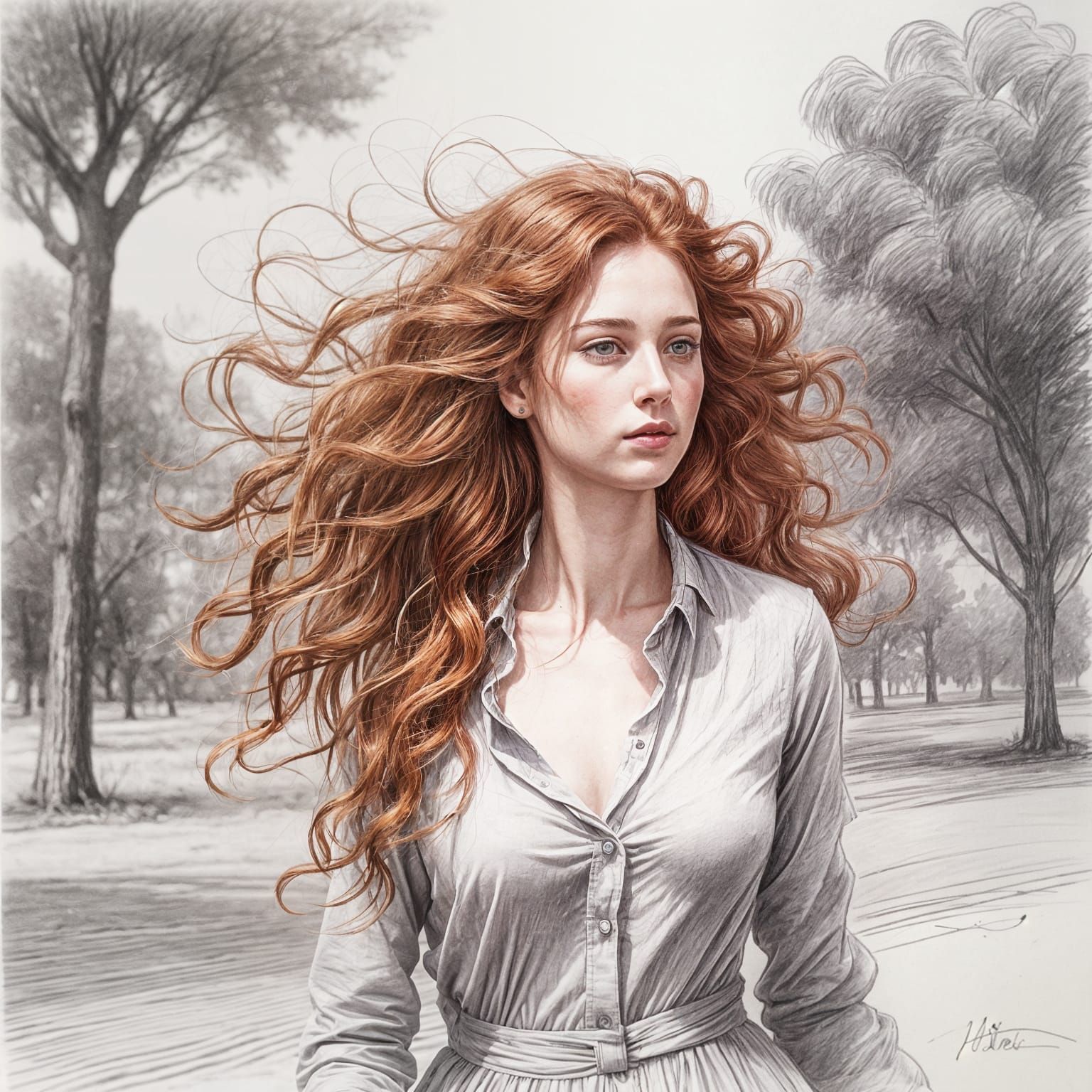 Pencil Sketch of a Girl with Flowing Red Hair