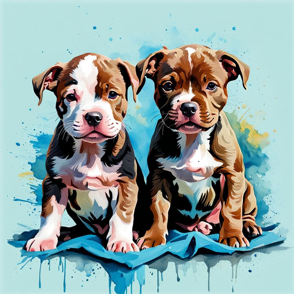 Twin Pitbull Puppies in Impressionist Gouache Style