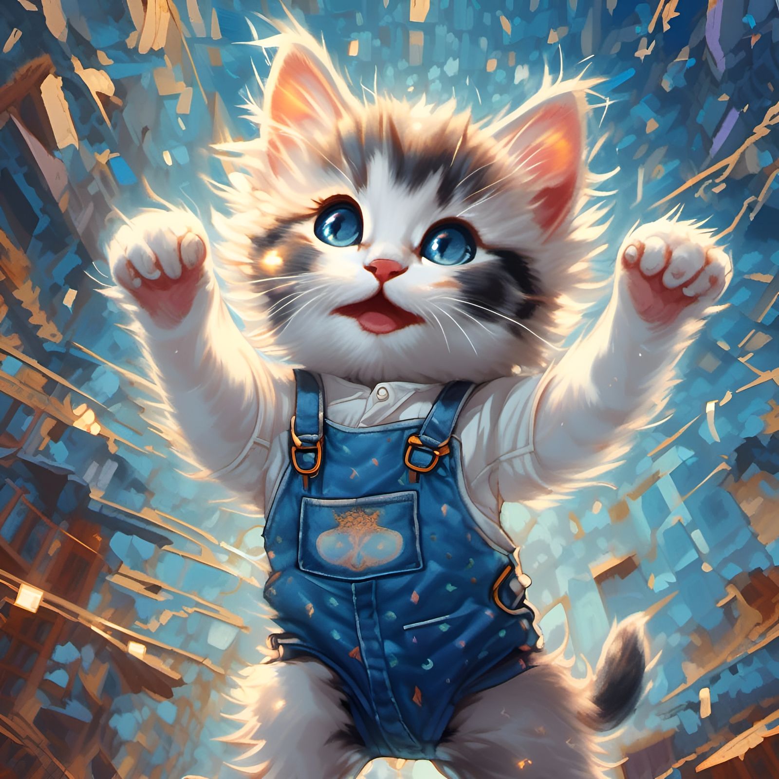 Joyful Kitten in Overalls: Folk Art Style