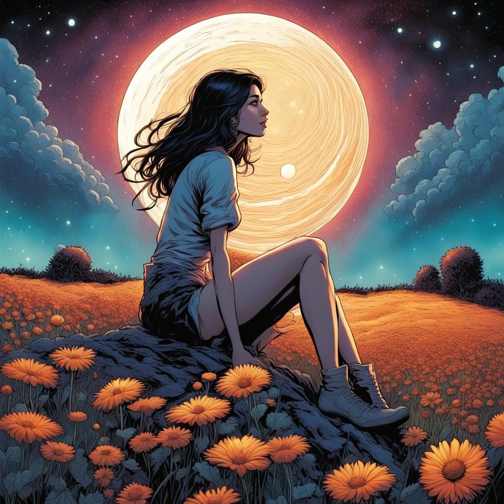 Woman on Moon Gazing at Black Hole, Comic Art