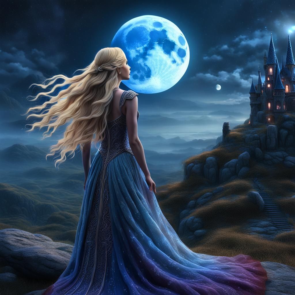 Blonde Girl Gazing at Blue Moon: Fantasy Art