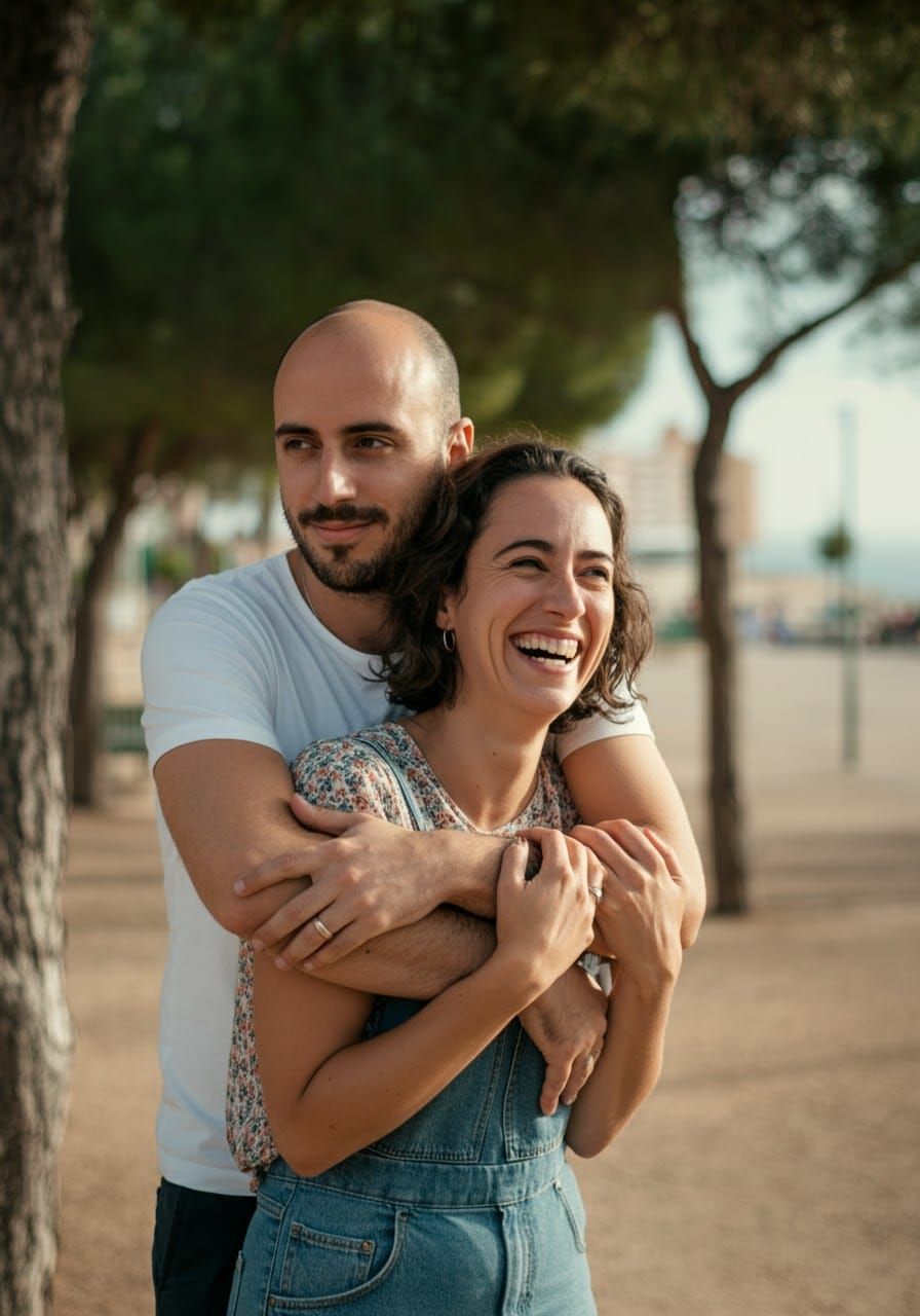 Couple Embracing in Mediterranean Park, Documentary Style