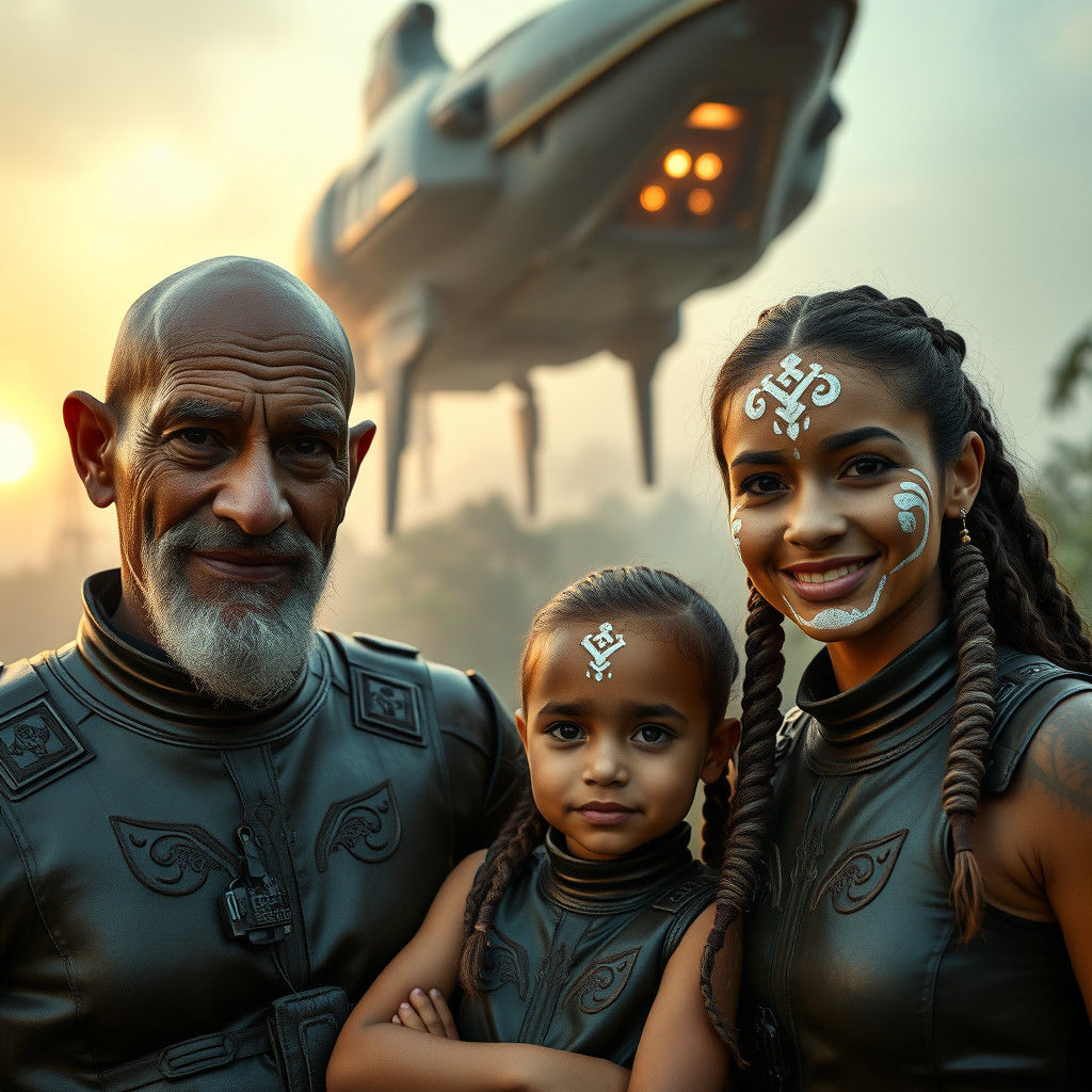 Cyberpunk Aztec Family Portrait in Misty Jungle