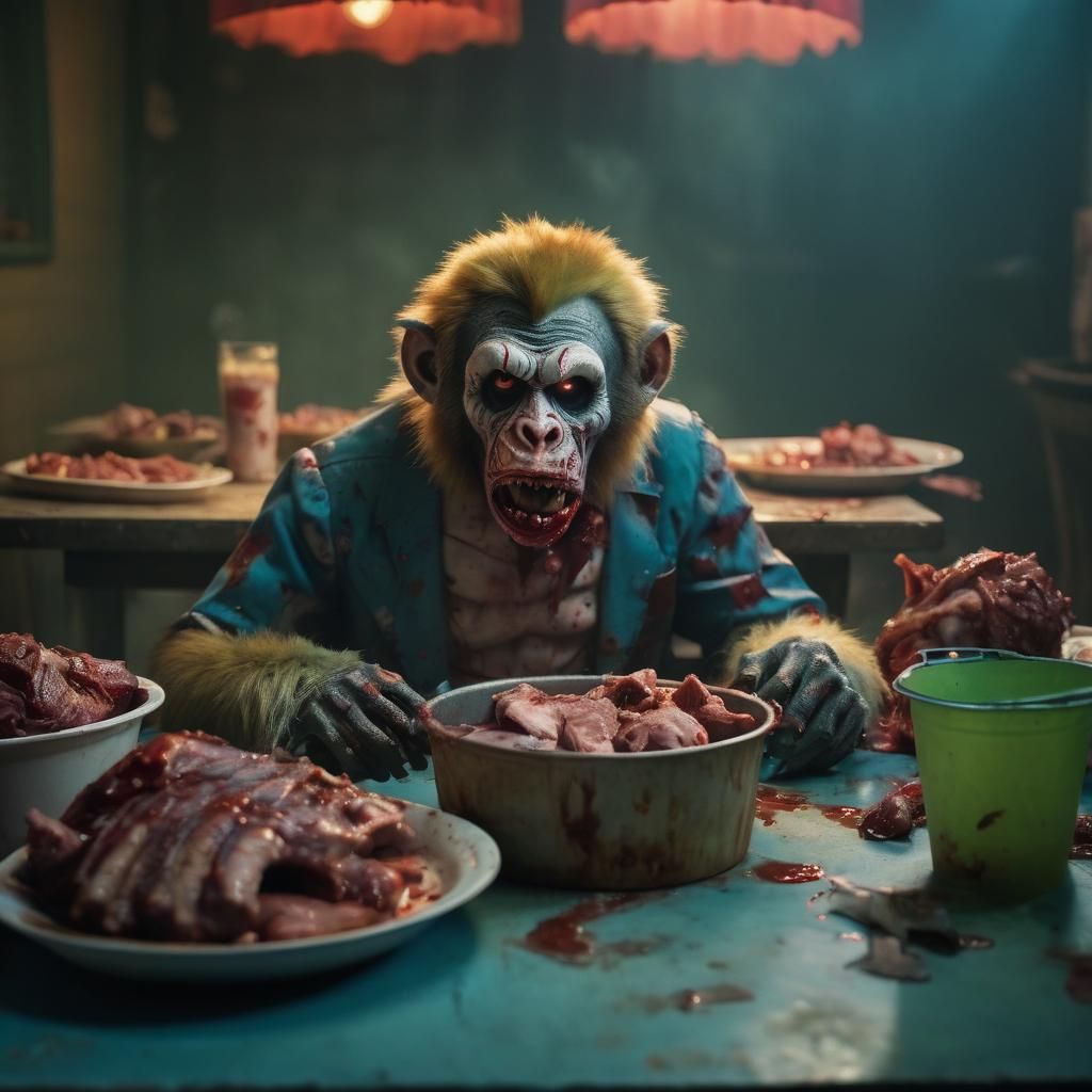 Grotesque Zombie Monkey Clown at Dinner in Cinematic Style