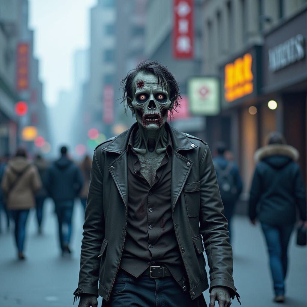 Sad Zombie Walks Through Busy City in Cinematic Style