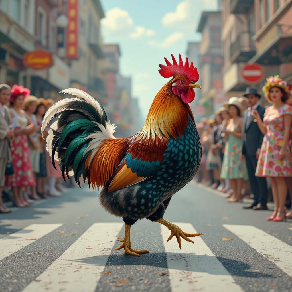 Chicken Crosses Road in Whimsical Fantasy Style