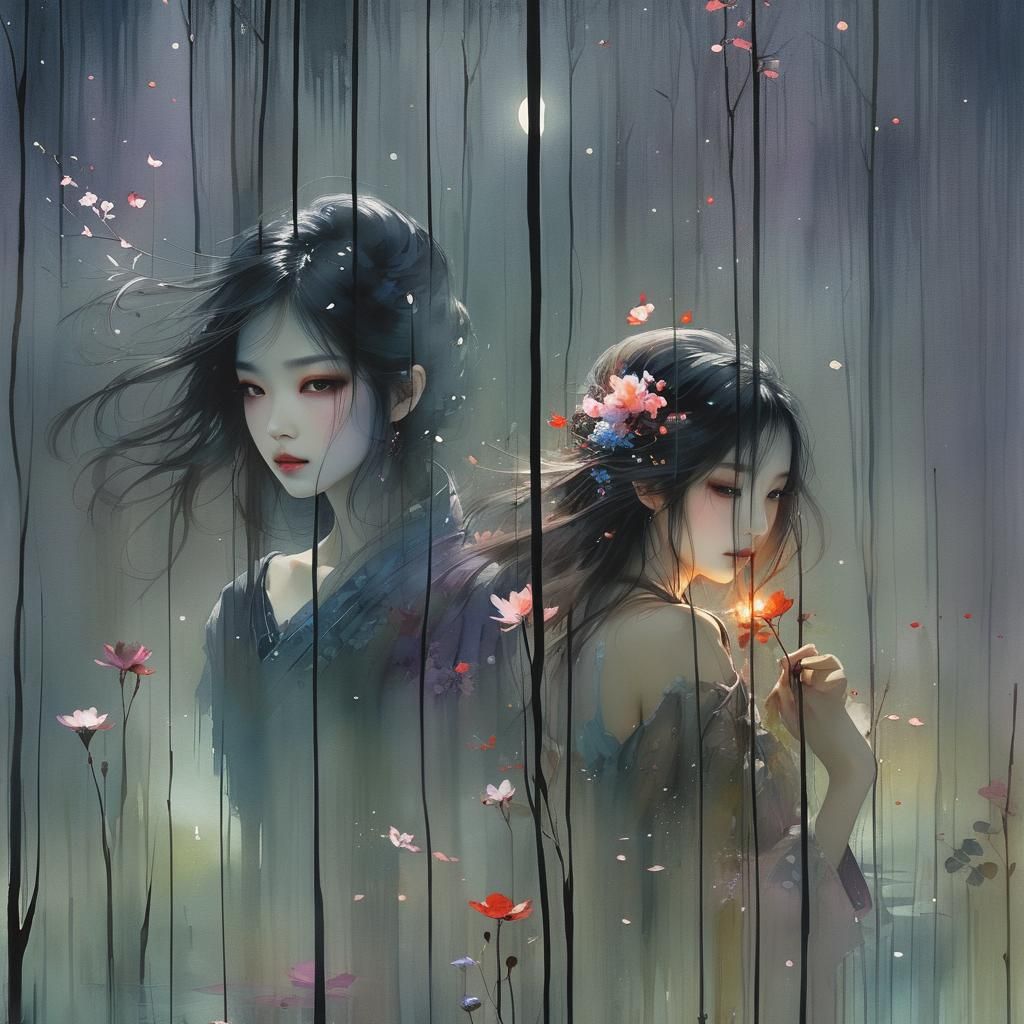 Dreamy Lake Glade at Night in Watercolor Style