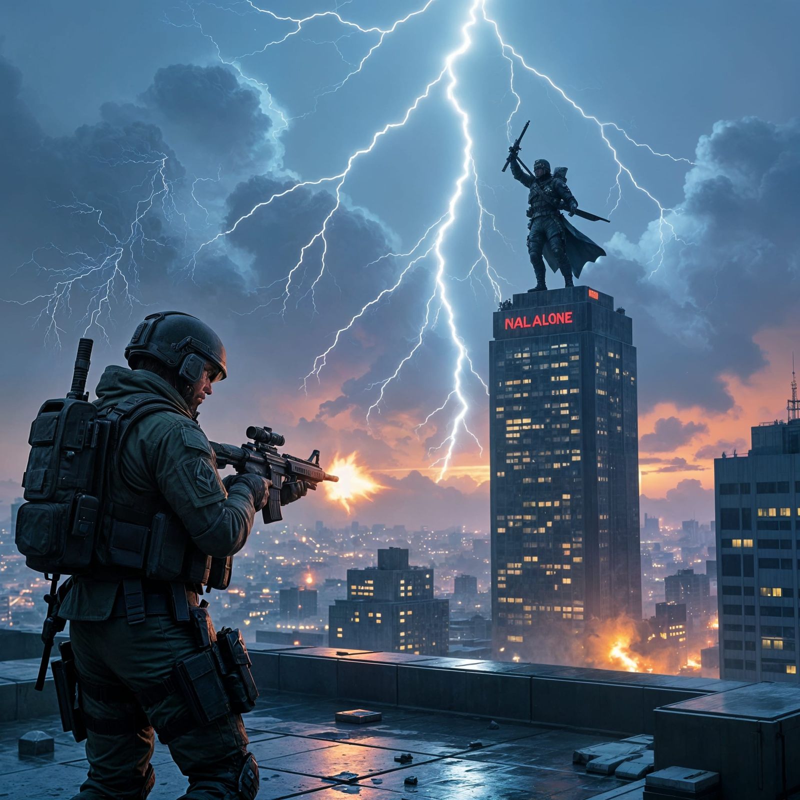 Gritty Valkyrie Warrior Unleashes Lightning in Dystopian Cit...