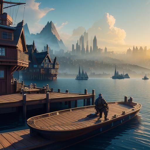 Houseboat Scene with Father and Son: Matte Painting