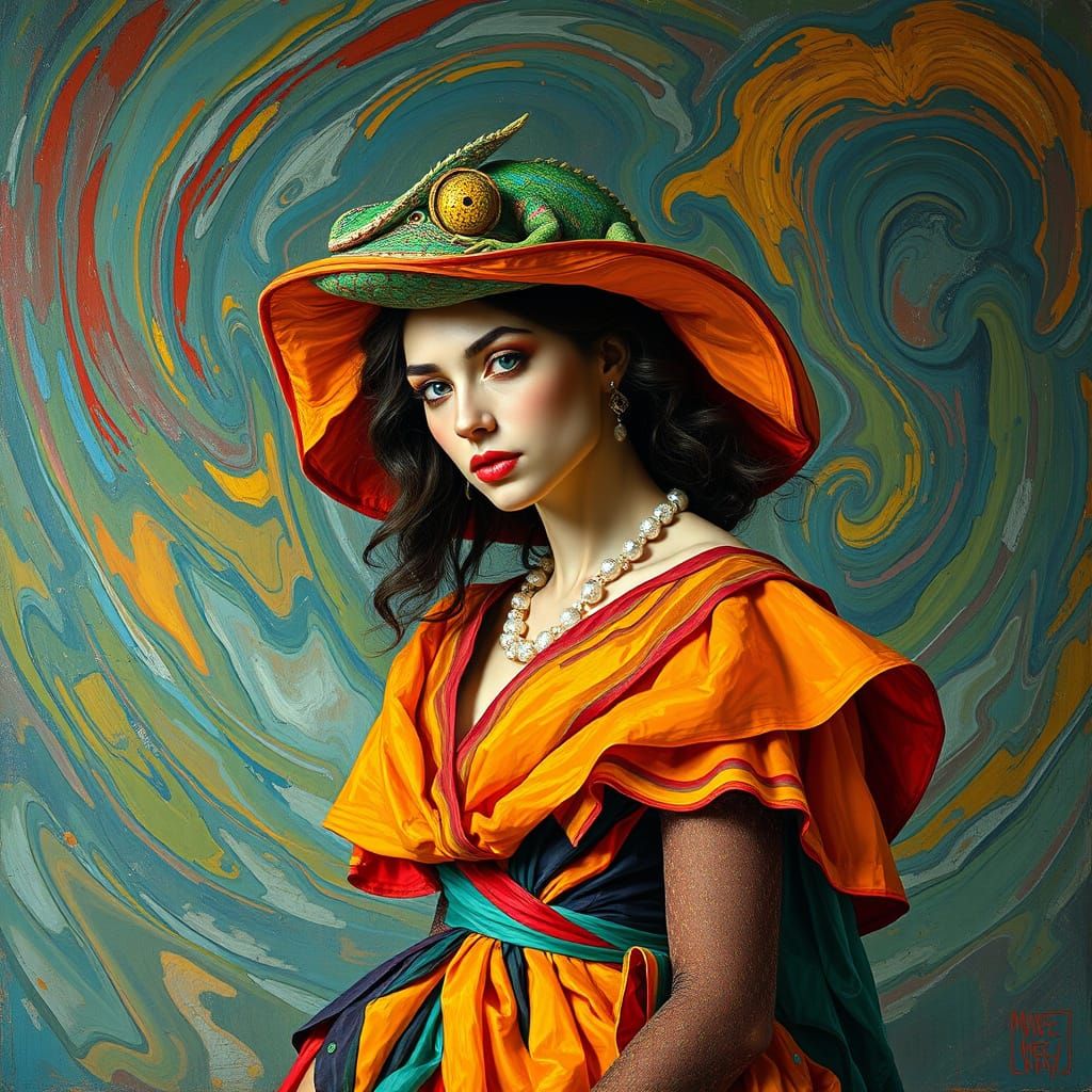 Vibrant Neo-Expressionist Portrait of a Chameleon Woman
