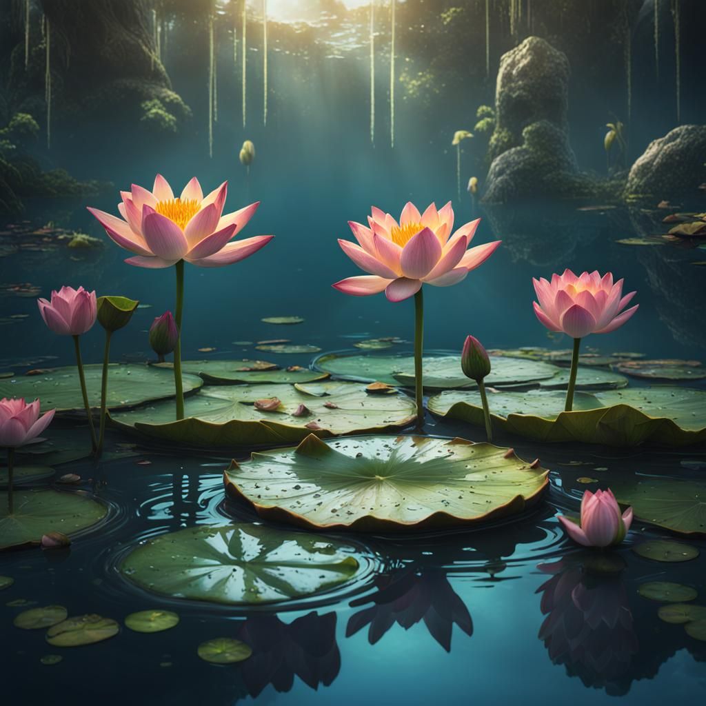 Lotus on Lily Pad: Detailed Matte Painting
