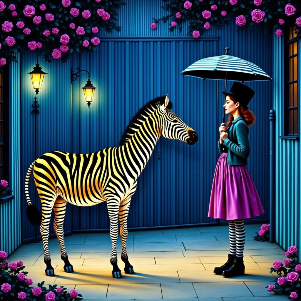 A Nighttime Encounter Between a Girl and a Zebra in a Steamp...