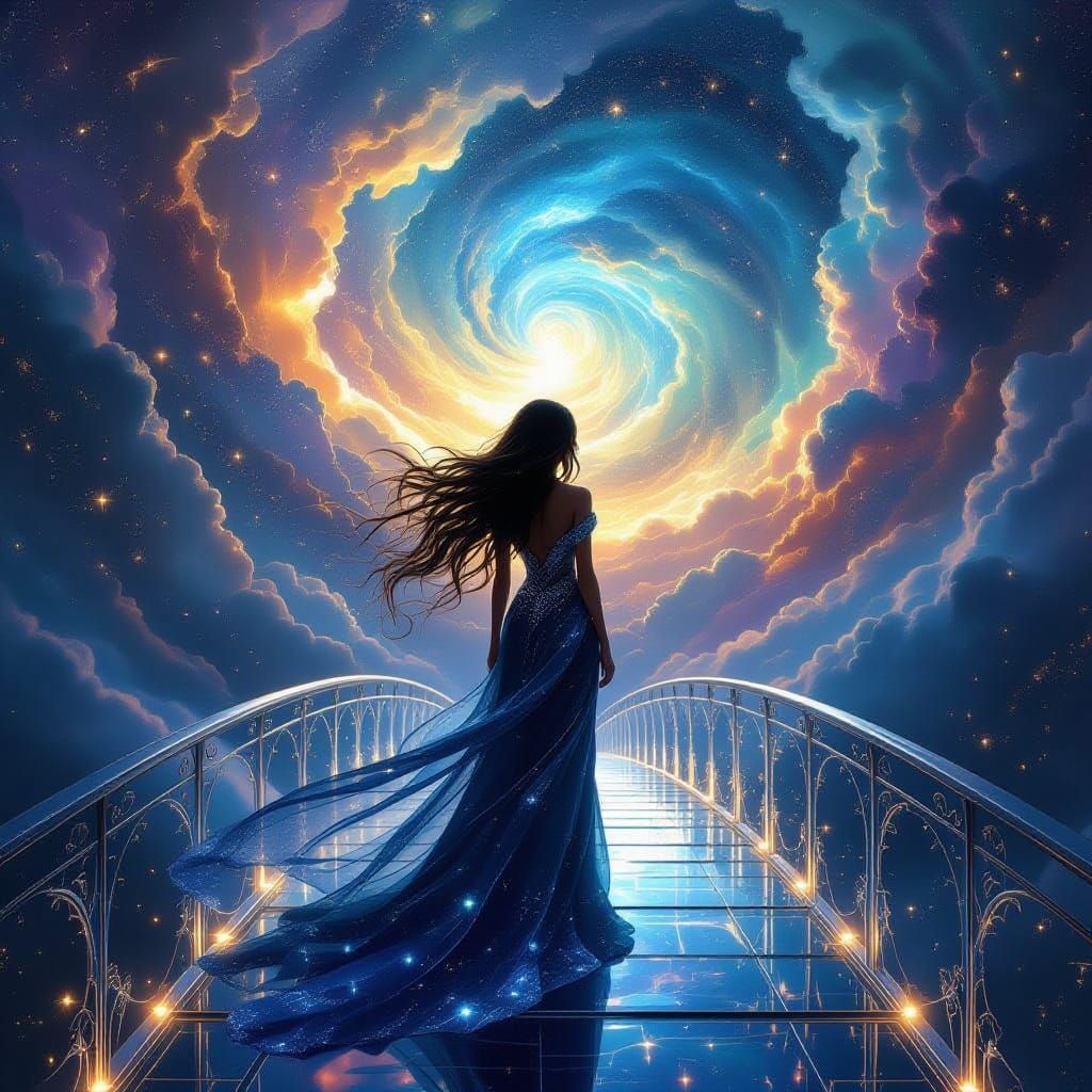 Woman on Crystalline Bridge Under Cosmic Nebula