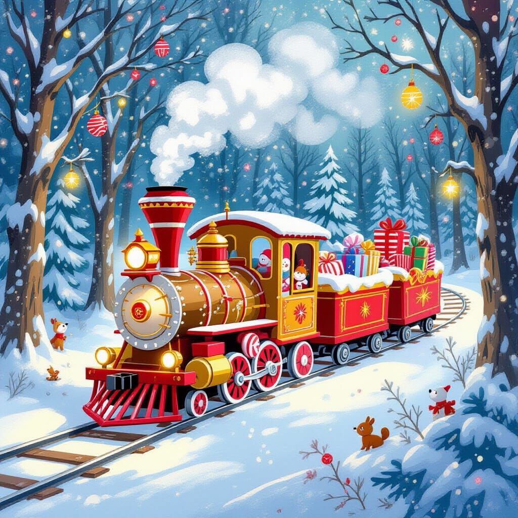 Enchanted Gingerbread Train in Magical Snowy Forest