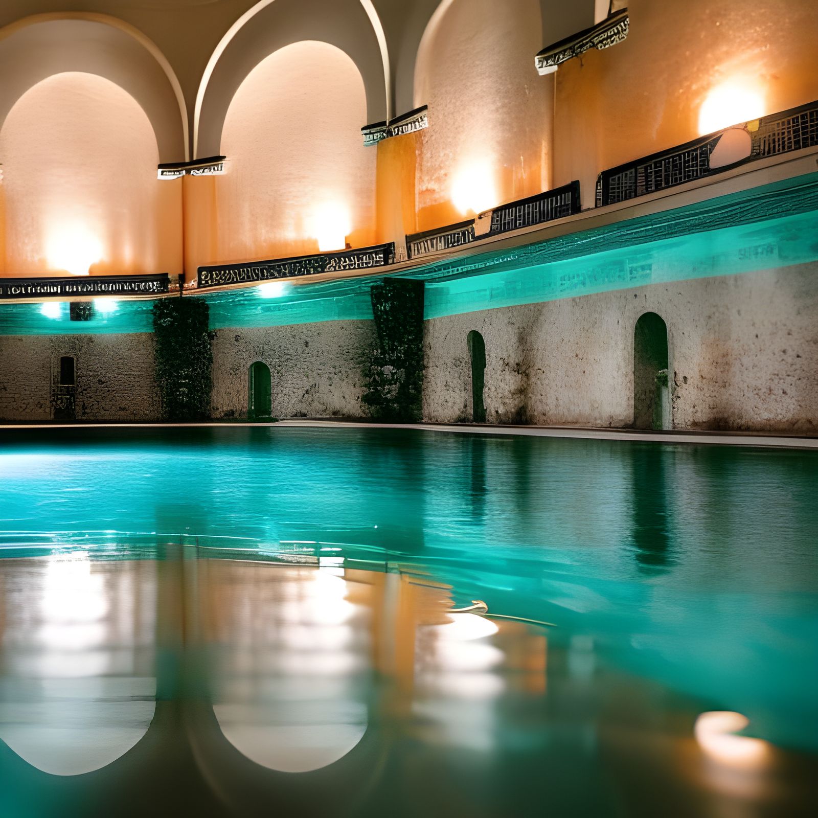 Empty Greek Bathhouse with Glowing Water, Professional Photo...