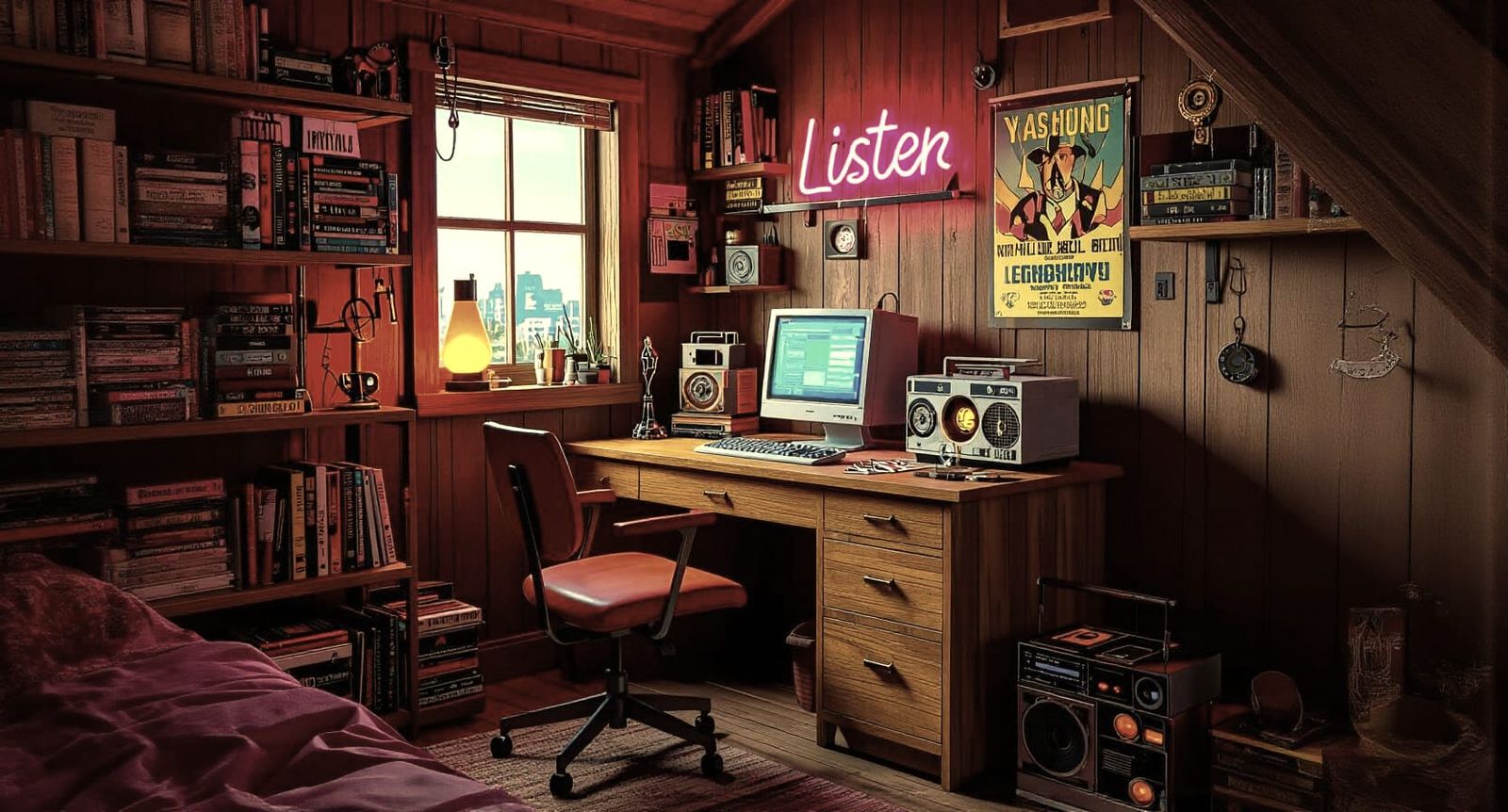 Lo-fi 90s Style Gamer Bedroom with Neon Sign