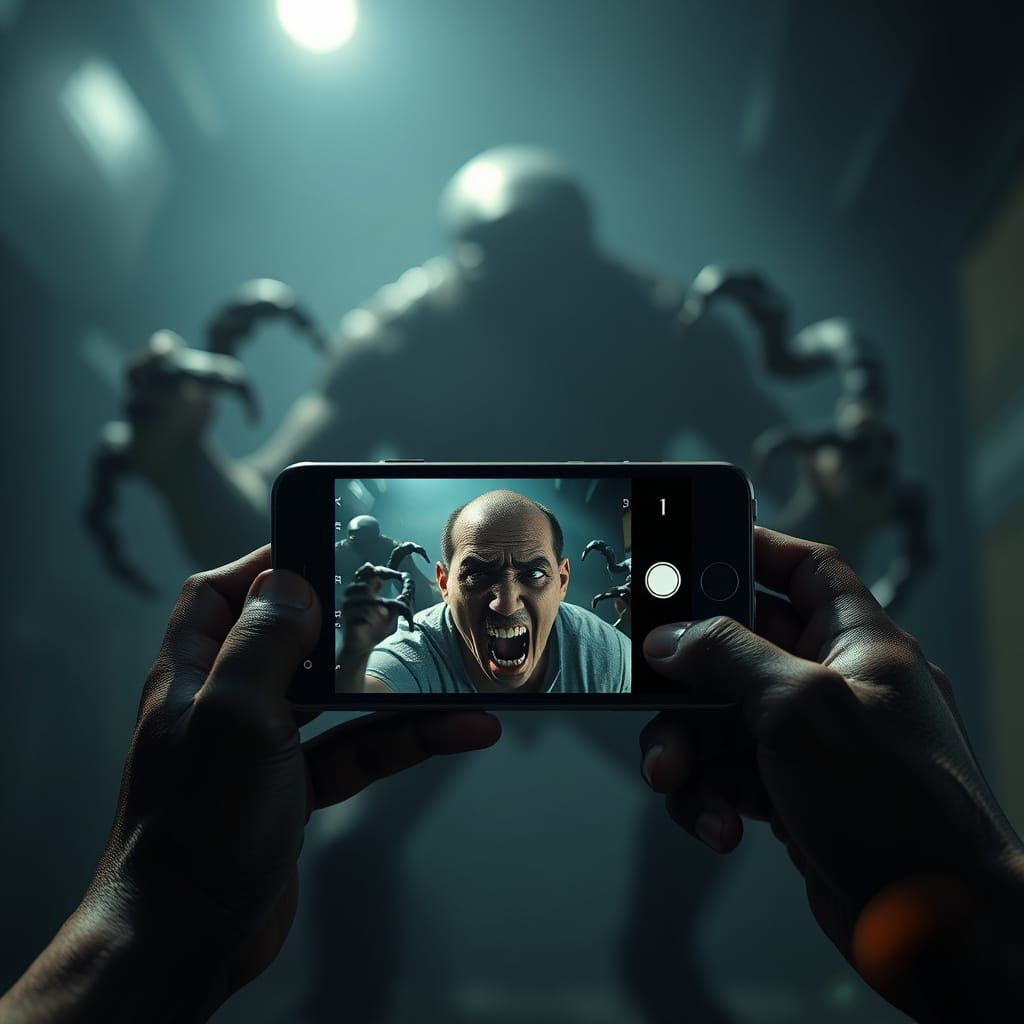 Terrified Figure Bracing for Impact in Dark, Cinematic Scene