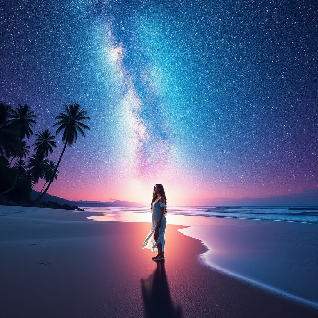 Cosmic Beach Scene: Woman Under Milky Way
