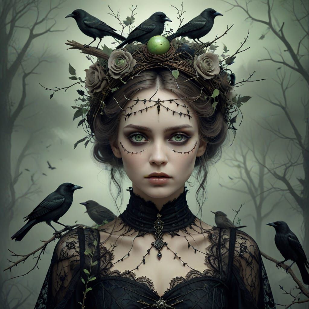 Goth Girl with Birds in her Hair