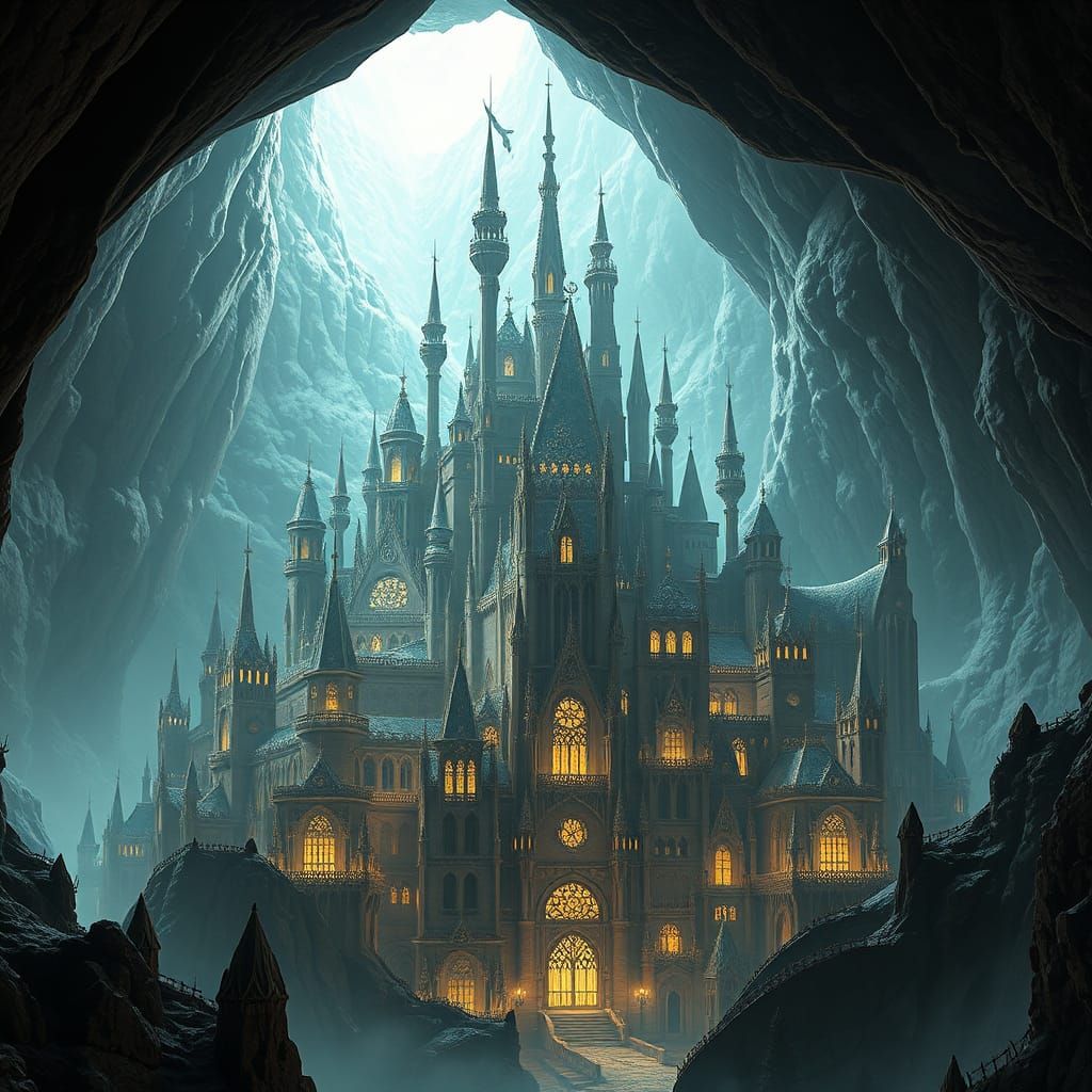 Mystical Gothic City in Colossal Cave, Inspired by Anime Art