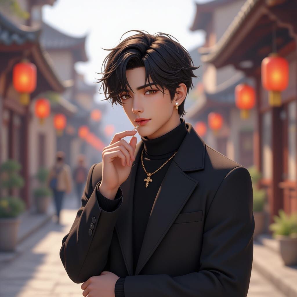 Man Whispers Name in Distant Gaze 3D Anime Art