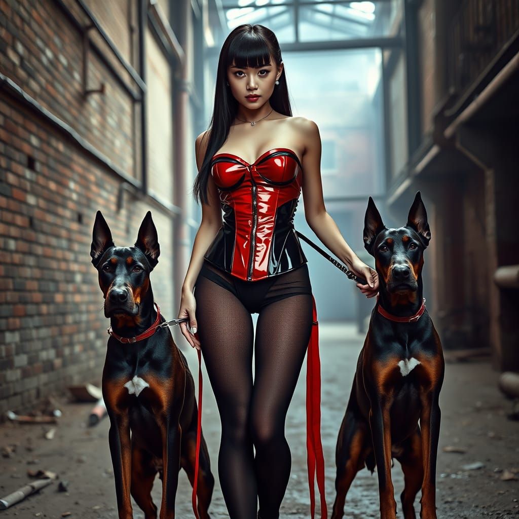 Dark Fantasy Pin-Up: Petite Asian Goddess with Doberman Dogs