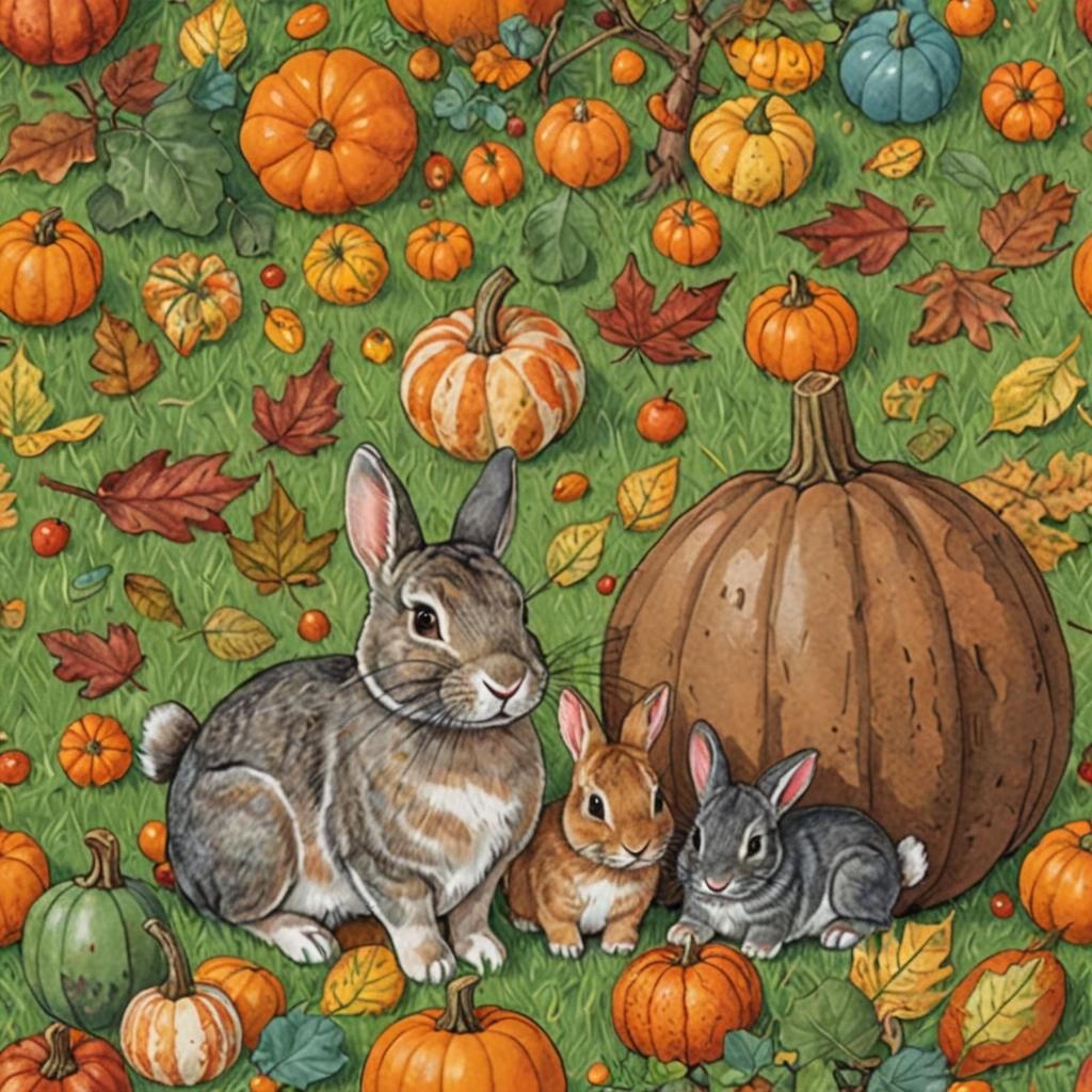 Bunnies Amongst Pumpkins in Autumn Scene
