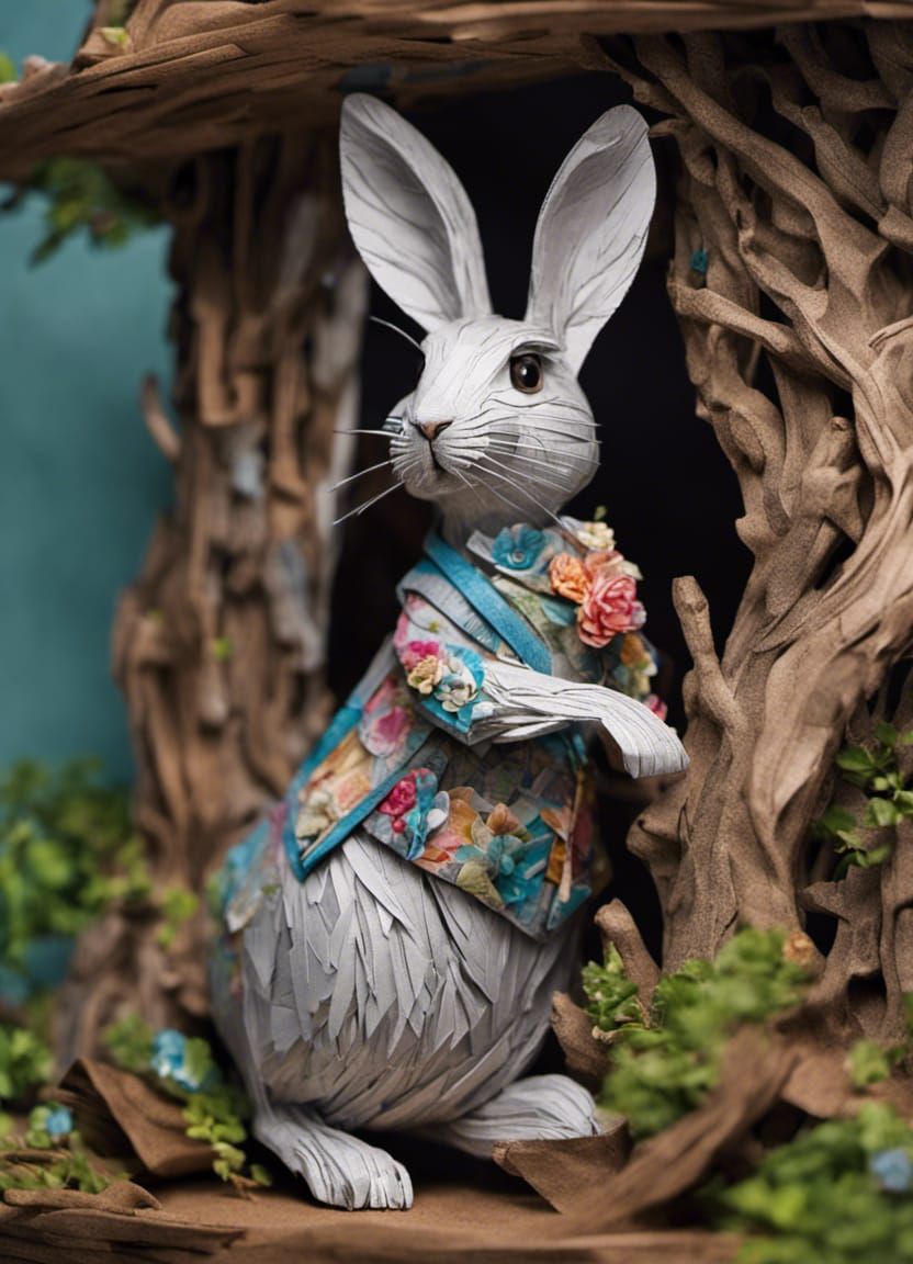 Magazine Paper Bunny Sculpture in Treehouse