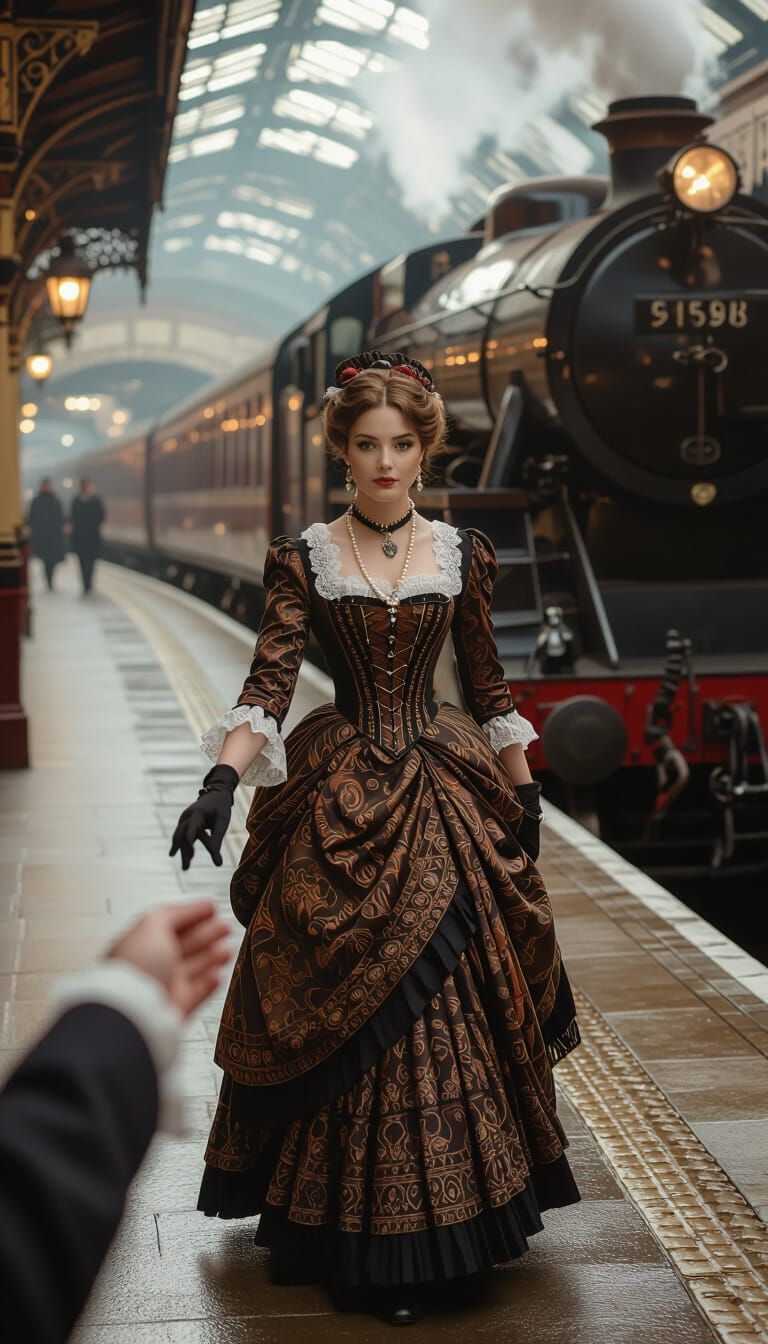 Victorian Woman in Misty London Station, Golden Hour Glow