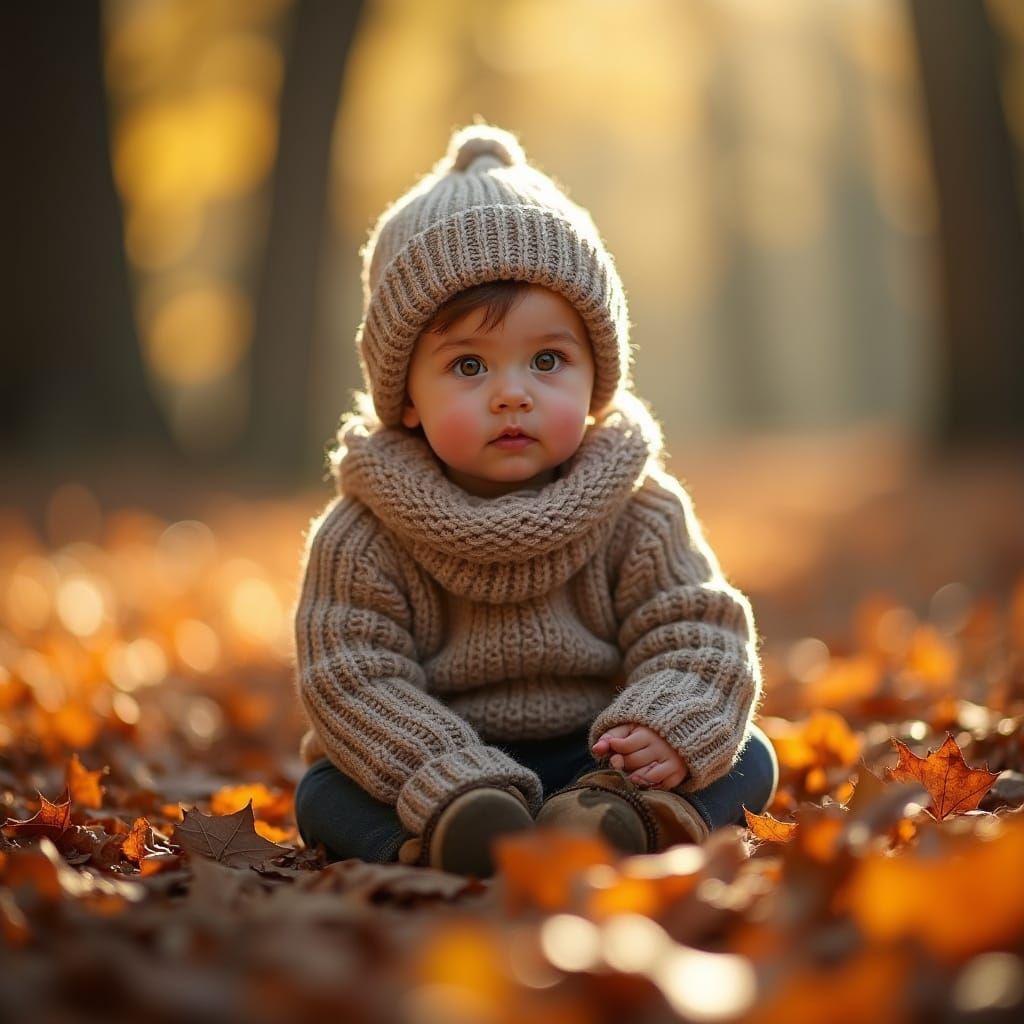 Child in Autumn Leaves: Hyperrealistic Photography