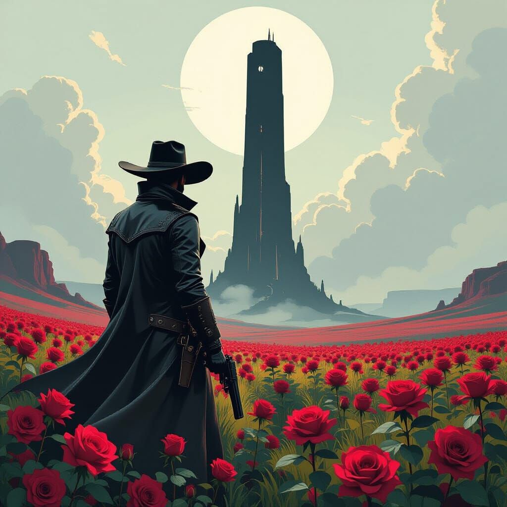 Gunslinger in Rose Field with Tower, Dystopian Art