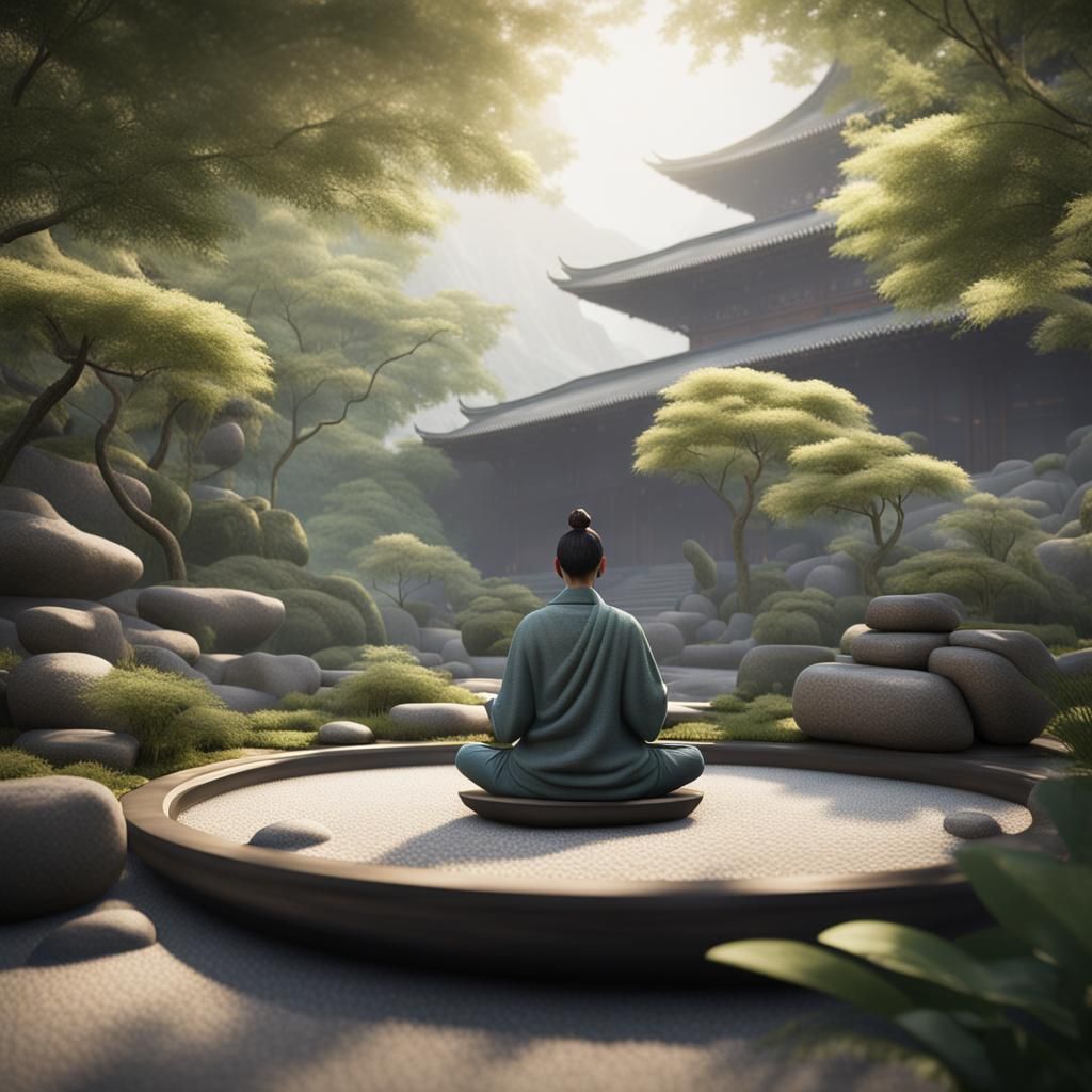 Meditating in Zen Garden: Hyperreal 8K Scenic View