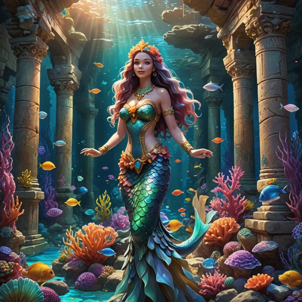 Hyperrealistic Mermaid at Ancient Underwater Temple