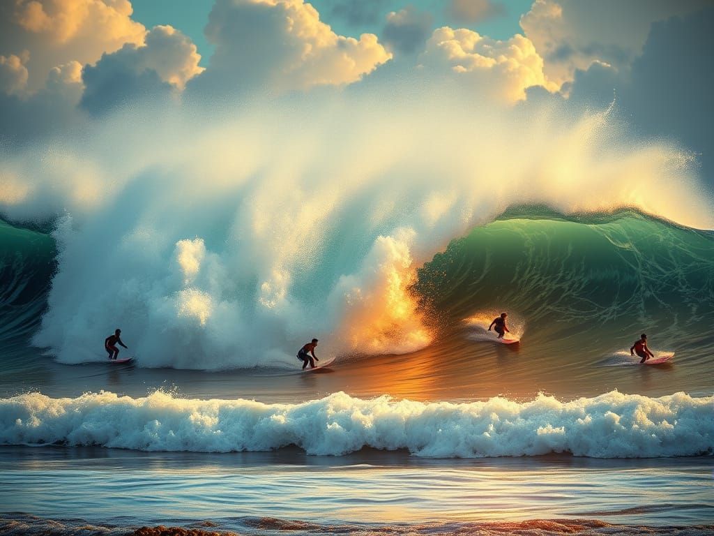 Surfers in Vibrant Quantum Dream Style