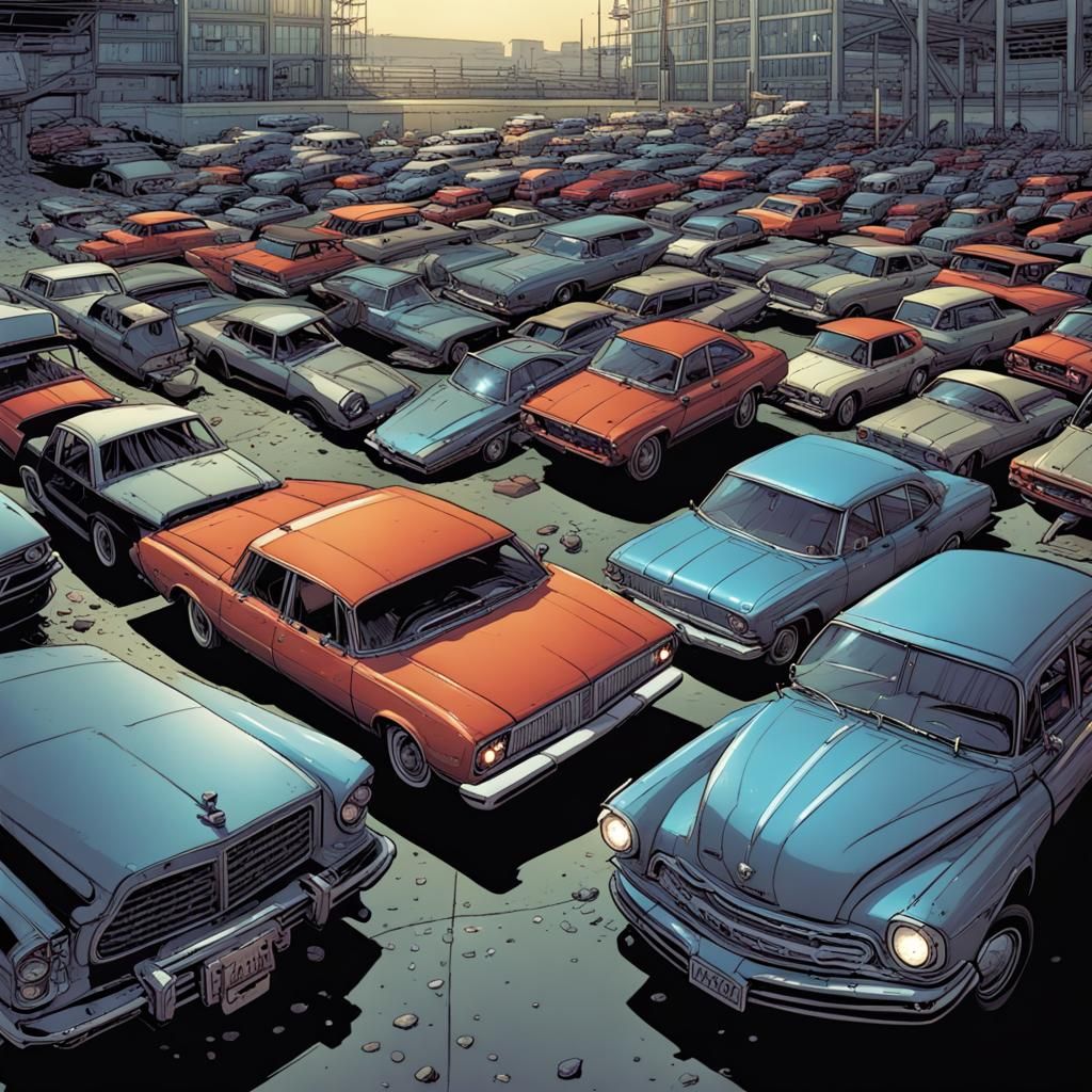 Car Park Full of Vehicles in Comic Book Style