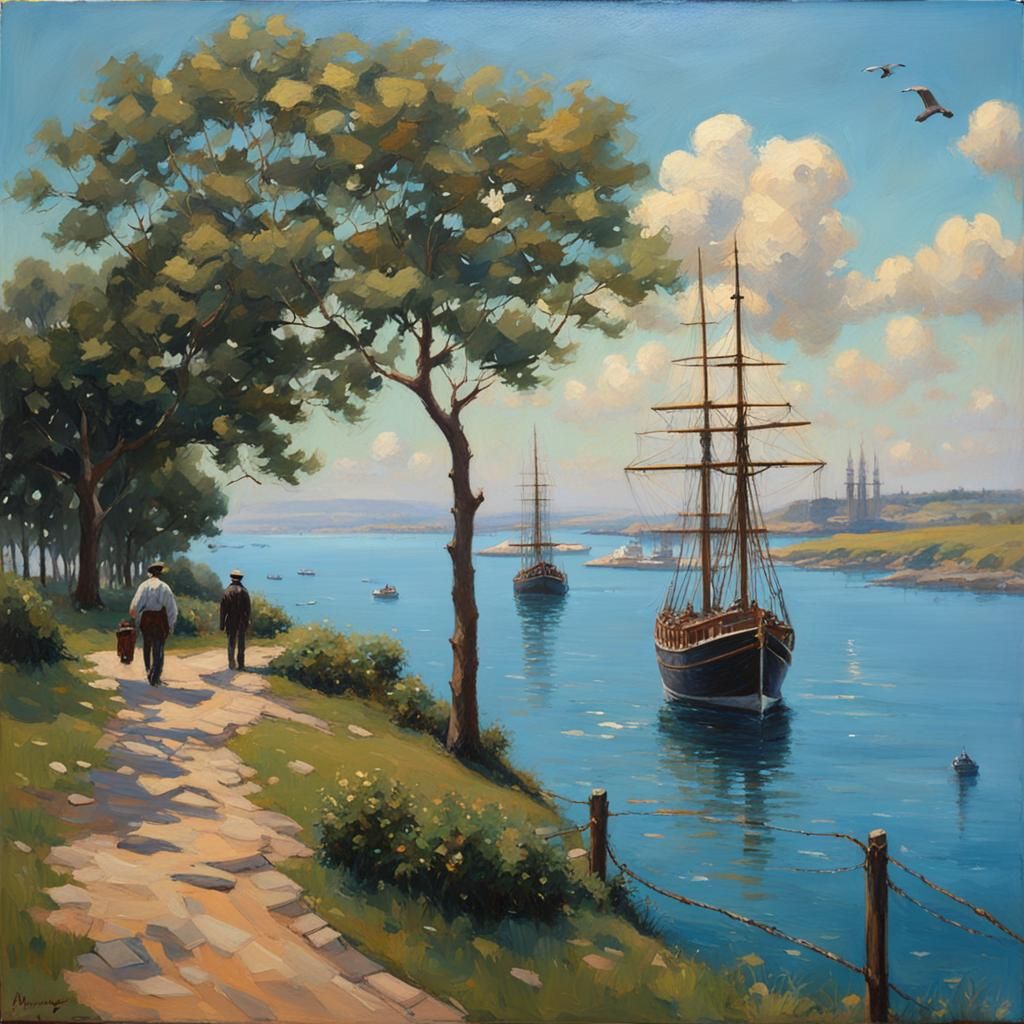 Picturesque Harbor Scene in Oil Painting Style