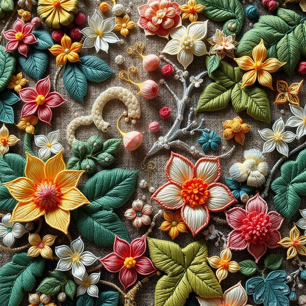 Intricate Embroidered Floral Foliage in Photorealistic Style