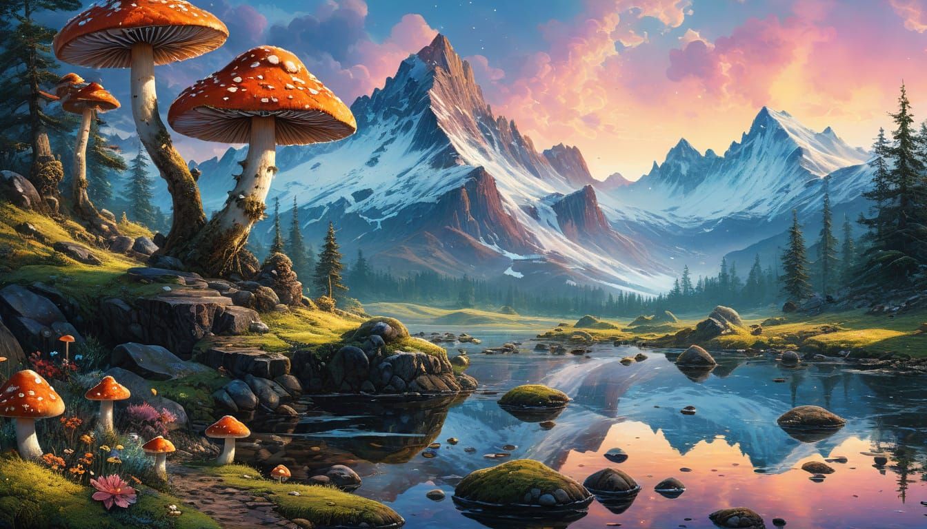 Fantasy Mountains with Mushrooms in Watercolor Style