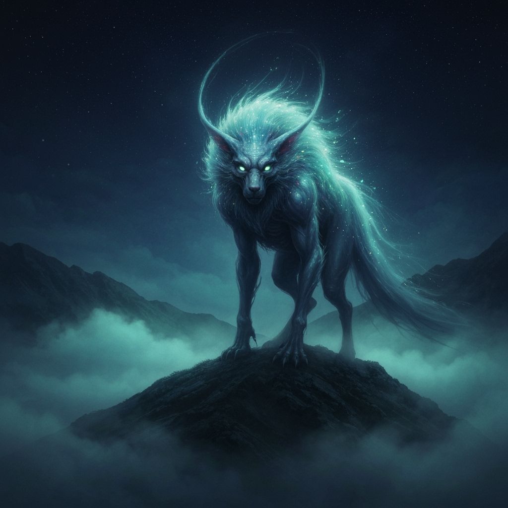 Ethereal Spirit Animal on Starry Mountain Peak
