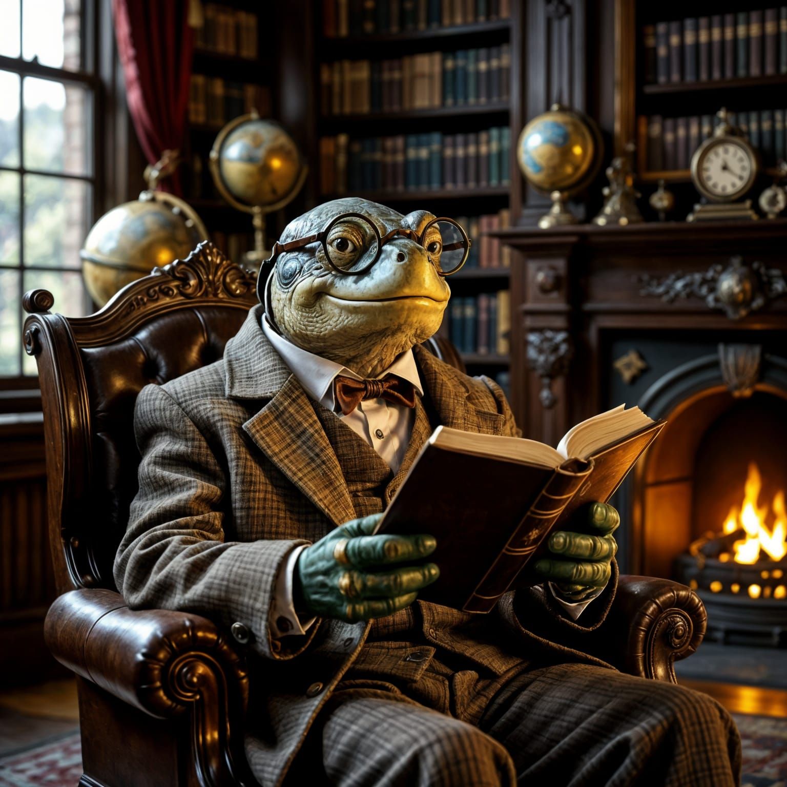 Anthropomorphic Turtle Reading in Library, Classic Oil Paint...