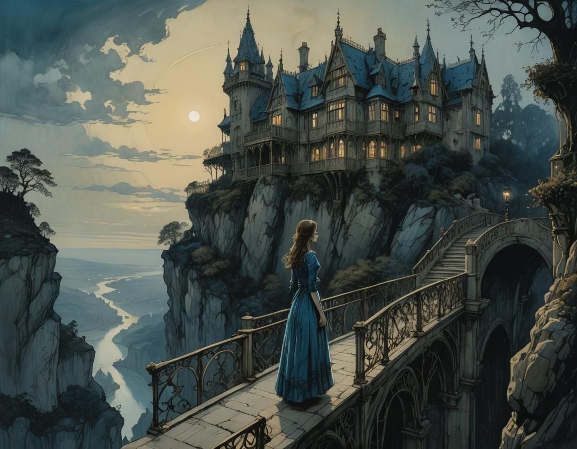 Gothic House on Cliff in Dark Fantasy Illustration