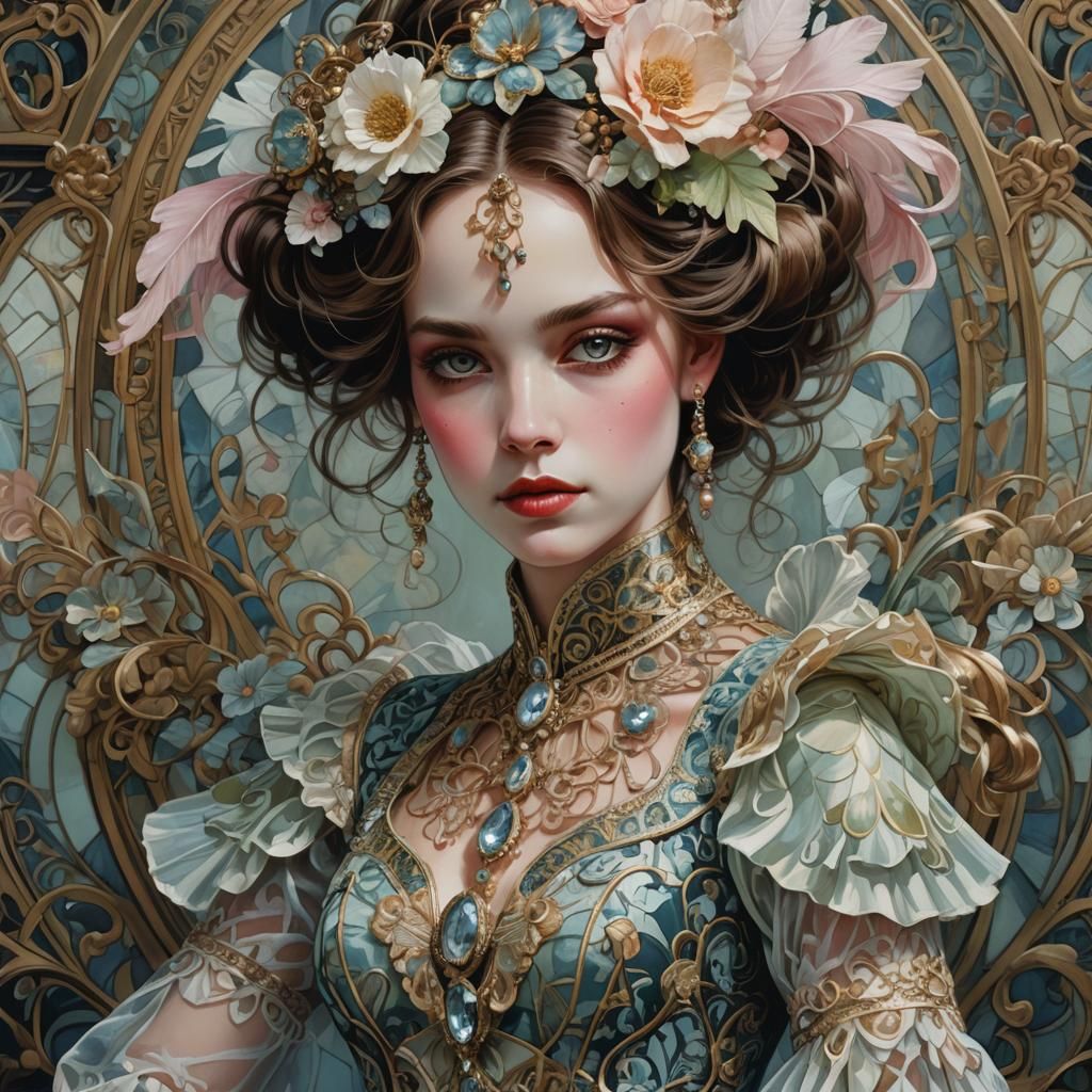 Ornate Art Nouveau Figures in Icy Pastel Colors