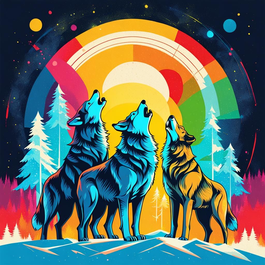 Wolves Howling Under Northern Lights in Pop Art