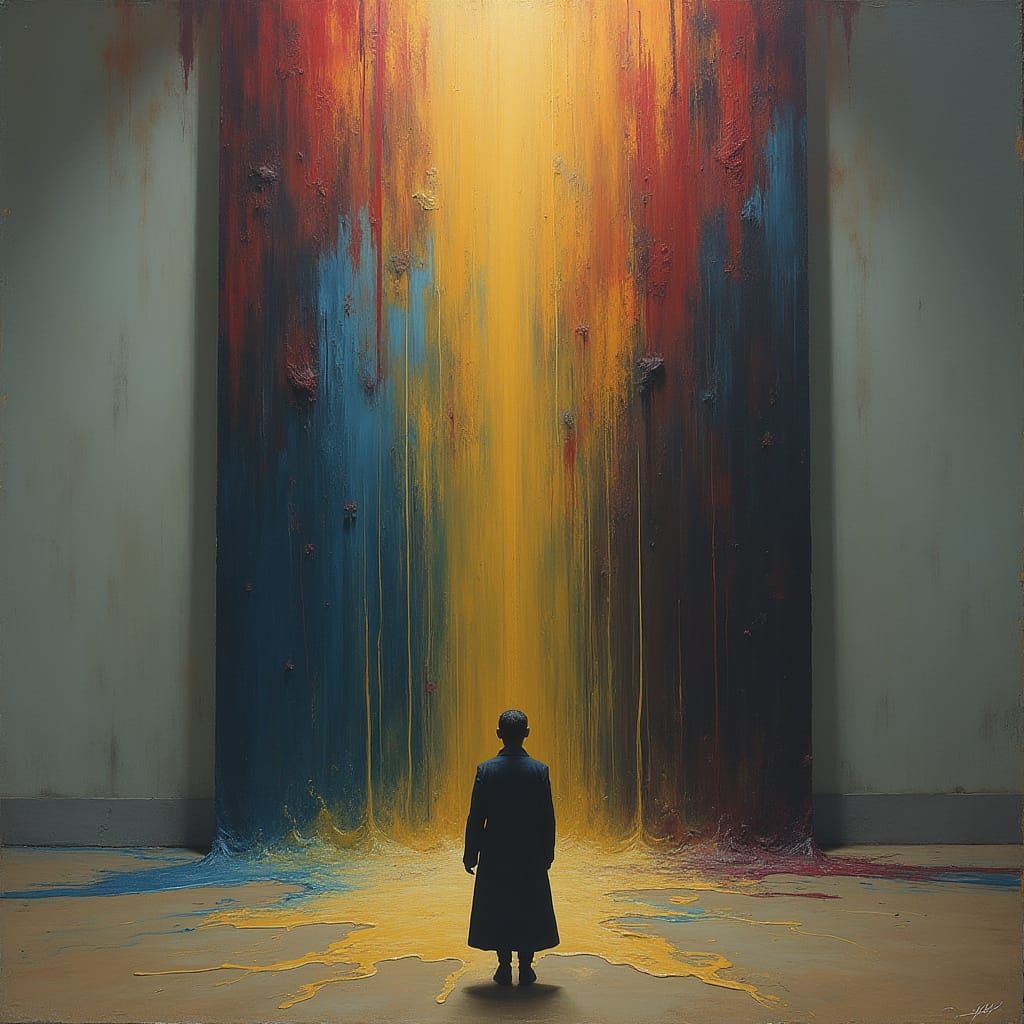 Figure Transfixed Before Hyperrealistic Oil Painting in Ethe...