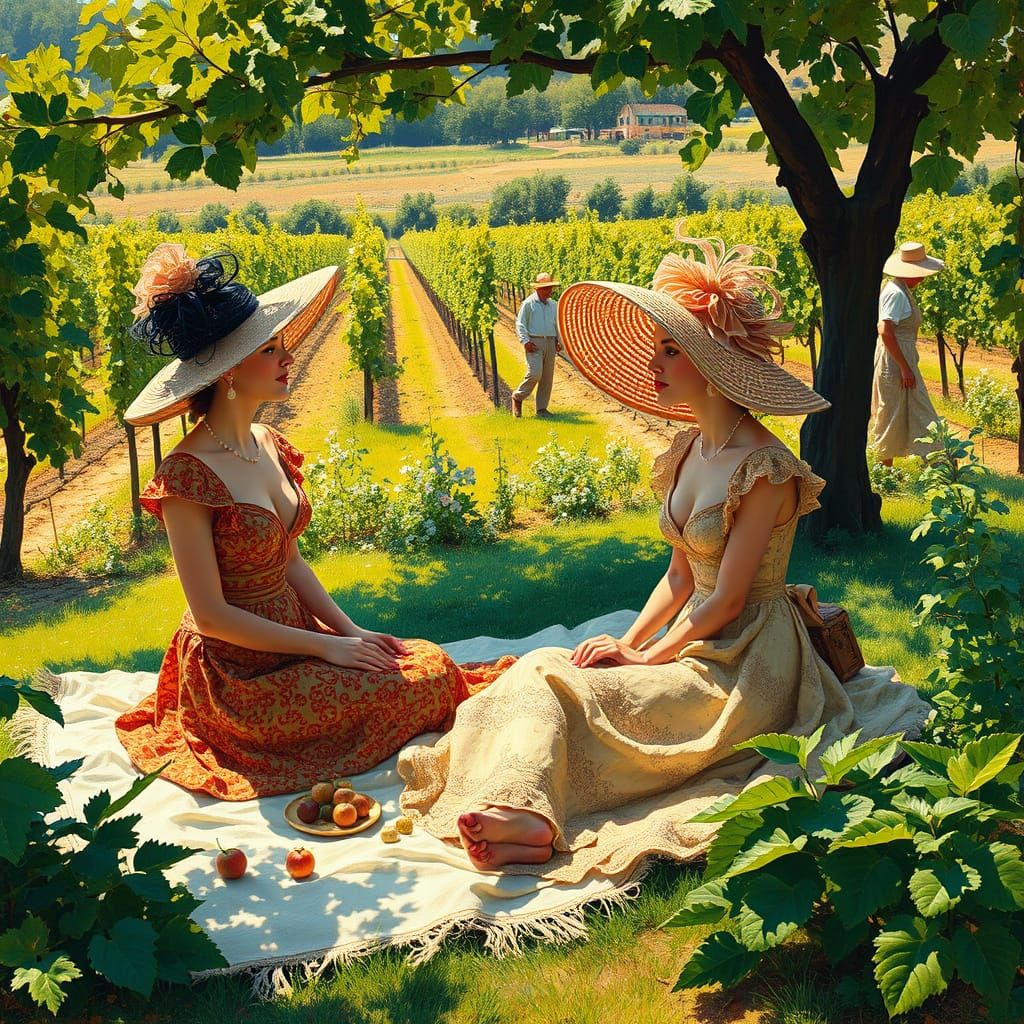 Elegant Women in a Serene Wine Garden Picnic