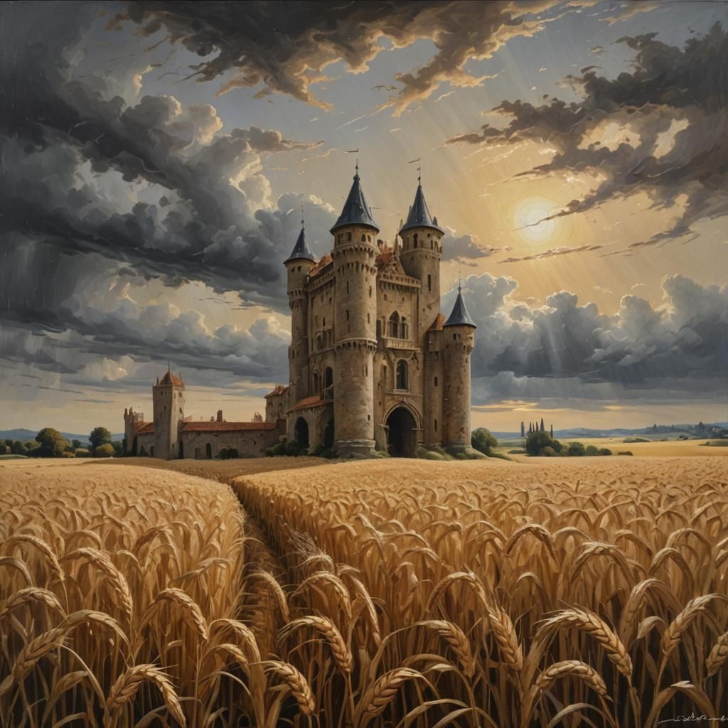 Romantic Castle in Wheat Field, Oil on Canvas