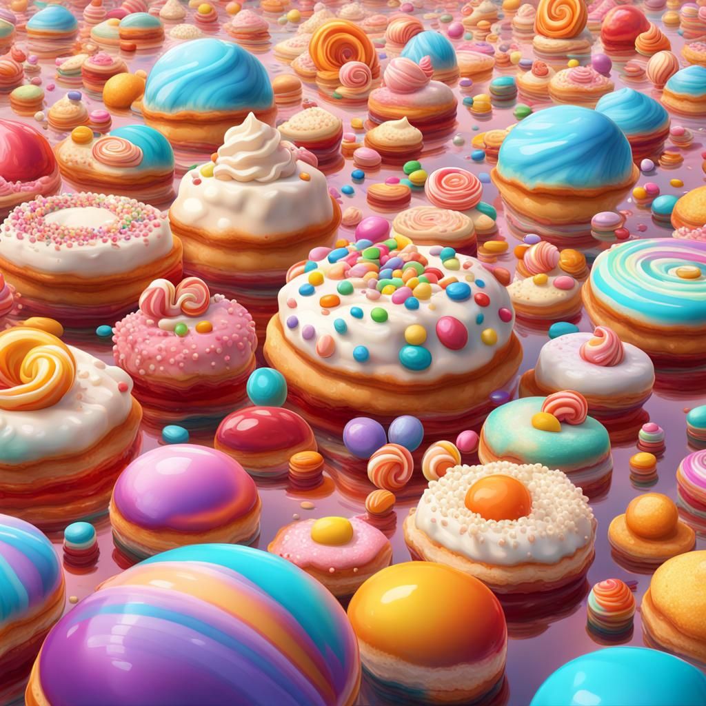 Vibrant Cream Pies Floating in Cosmos: Candy Art