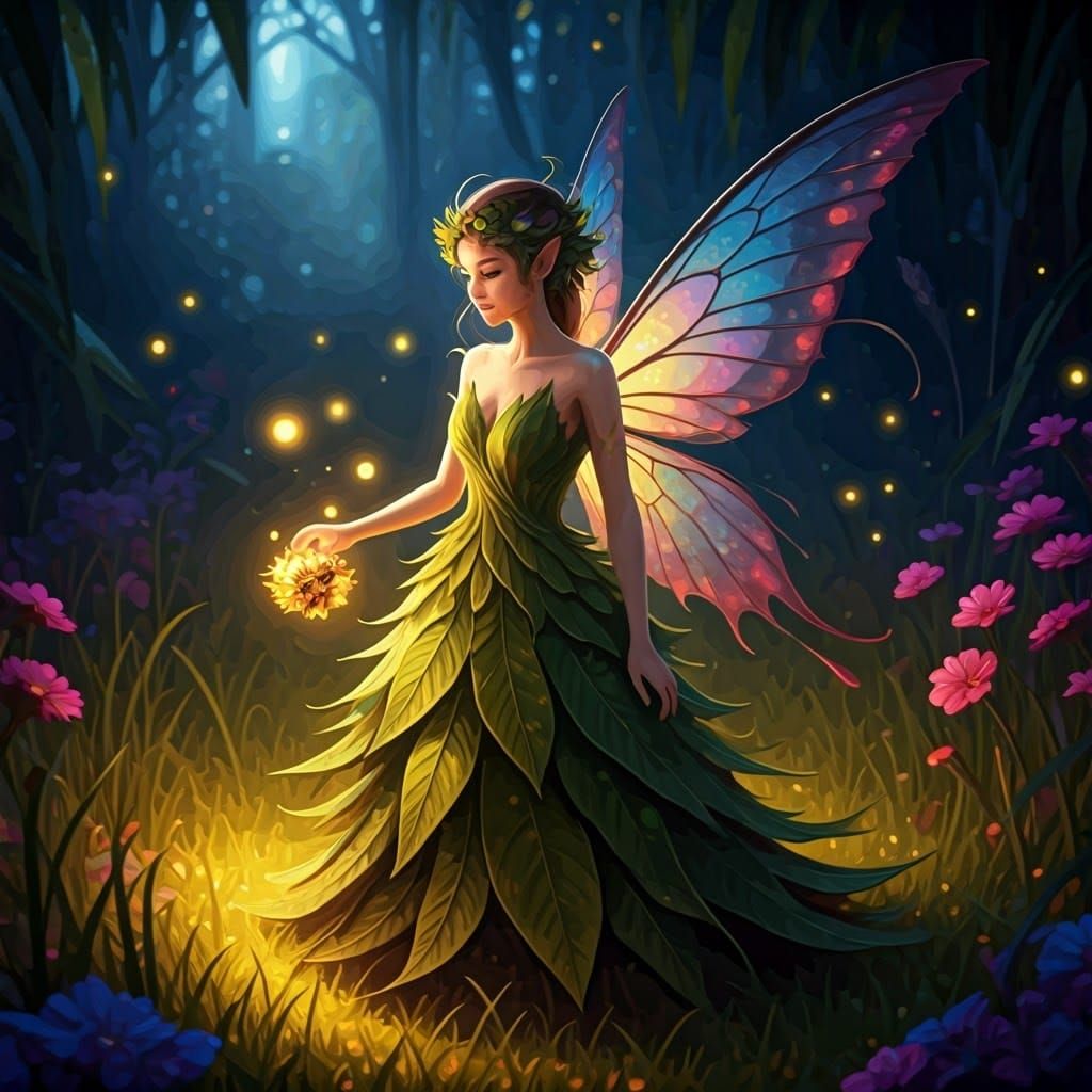 Ethereal Fairy Gathering Fireflies in Moonlit Meadow