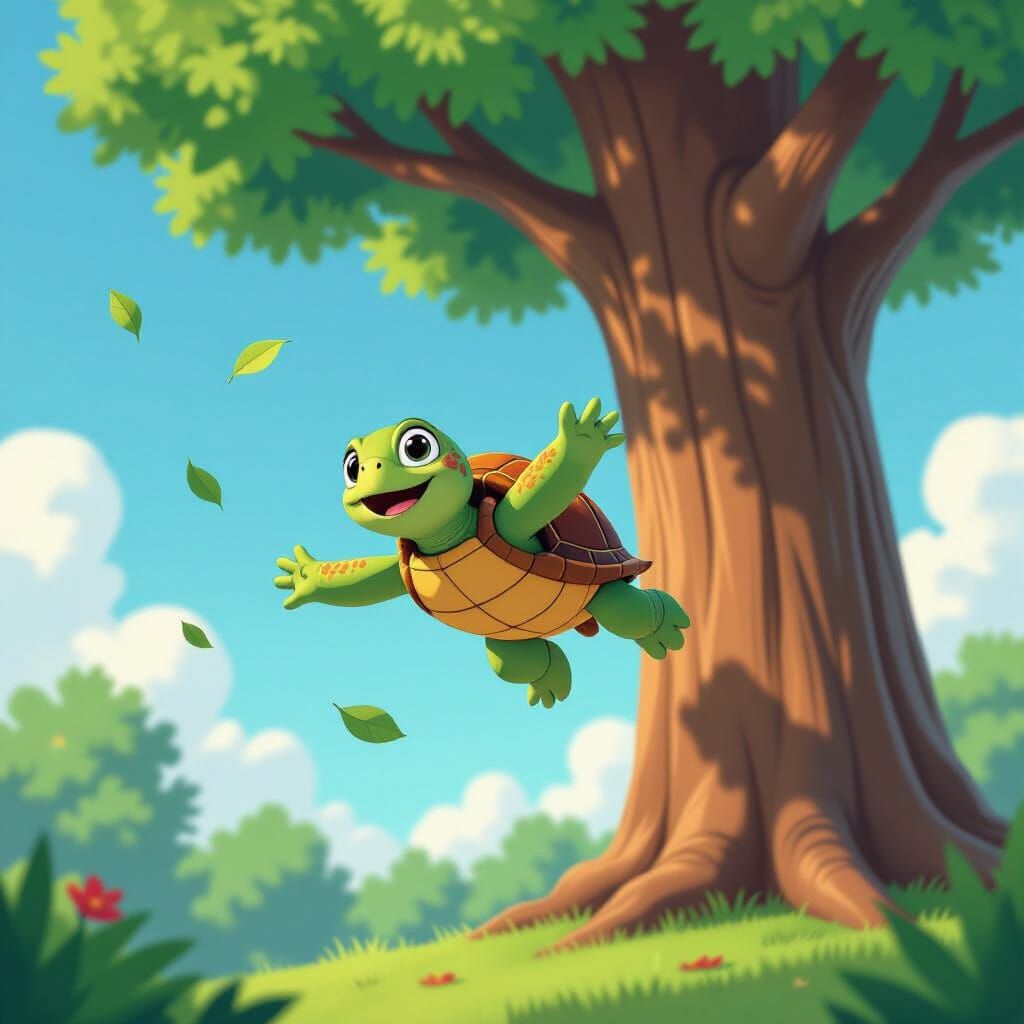 Whimsical Turtle Skydives From Tall Tree